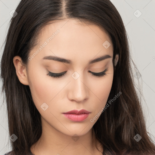 Neutral white young-adult female with long  brown hair and brown eyes