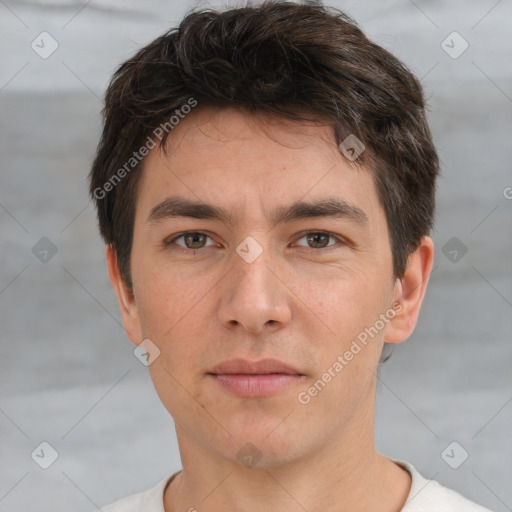 Neutral white young-adult male with short  brown hair and brown eyes