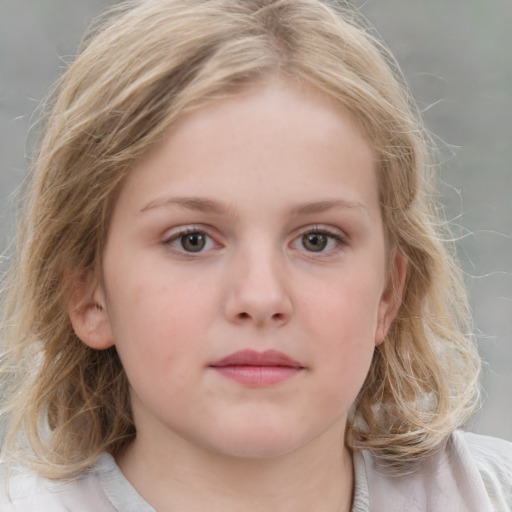 Neutral white child female with medium  brown hair and grey eyes