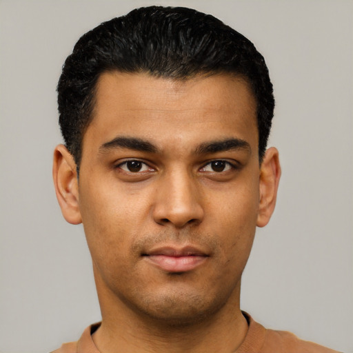 Neutral latino young-adult male with short  black hair and brown eyes
