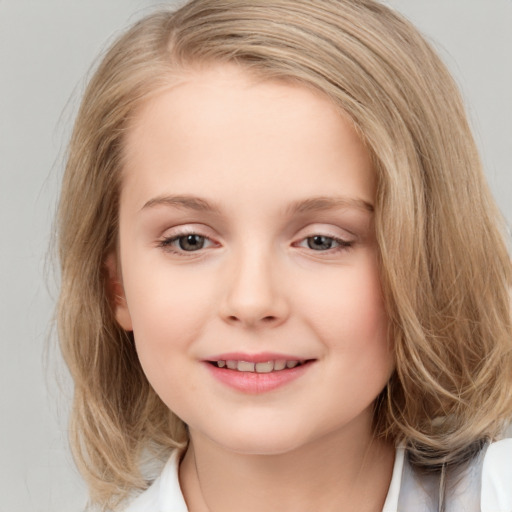 Joyful white child female with medium  brown hair and blue eyes