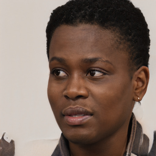 Joyful black young-adult female with short  black hair and brown eyes
