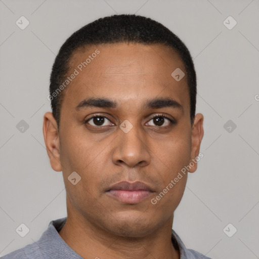 Neutral latino young-adult male with short  black hair and brown eyes