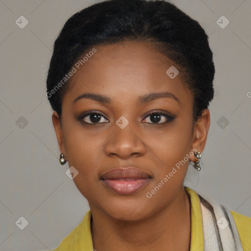 Joyful black young-adult female with short  black hair and brown eyes