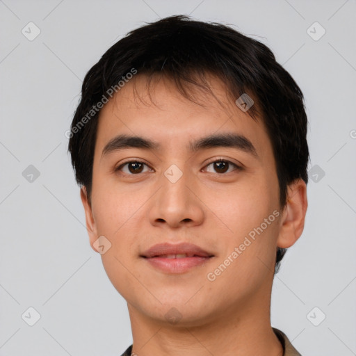 Neutral latino young-adult male with short  black hair and brown eyes