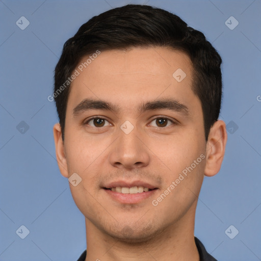 Joyful white young-adult male with short  brown hair and brown eyes