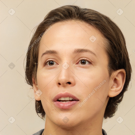 Neutral white young-adult female with medium  brown hair and brown eyes