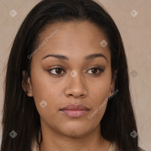 Neutral latino young-adult female with long  brown hair and brown eyes