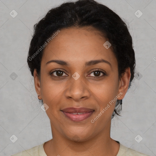 Joyful latino young-adult female with short  black hair and brown eyes