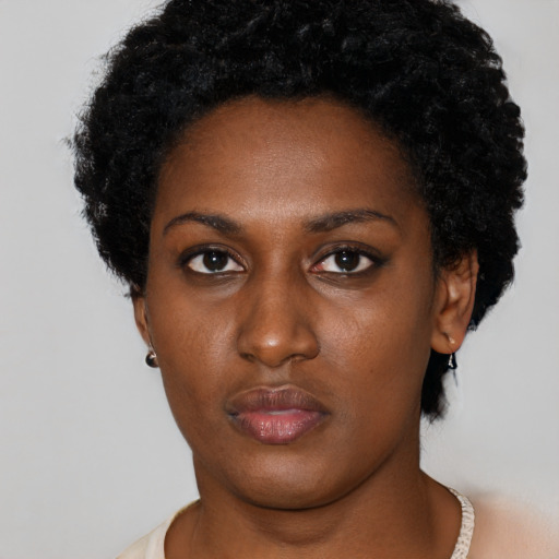 Neutral black young-adult female with short  black hair and brown eyes