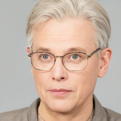 Neutral white middle-aged male with short  gray hair and blue eyes