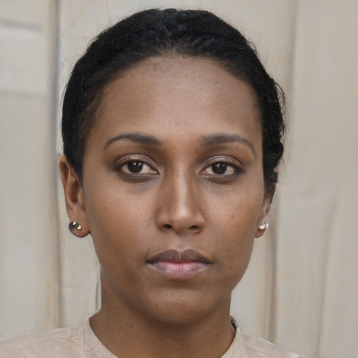 Neutral latino young-adult female with short  brown hair and brown eyes