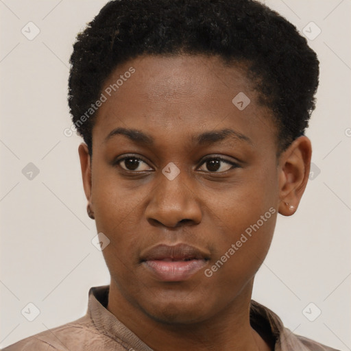 Neutral black young-adult female with short  black hair and brown eyes