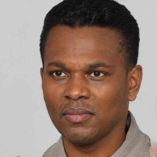 Neutral black young-adult male with short  black hair and brown eyes