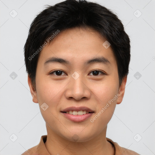 Joyful asian young-adult male with short  brown hair and brown eyes