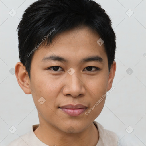 Joyful asian young-adult male with short  brown hair and brown eyes