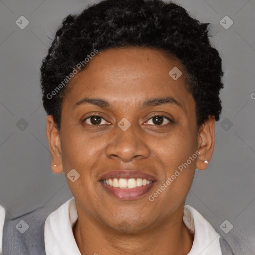 Joyful latino young-adult female with short  brown hair and brown eyes