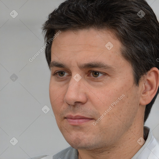 Neutral white adult male with short  brown hair and brown eyes