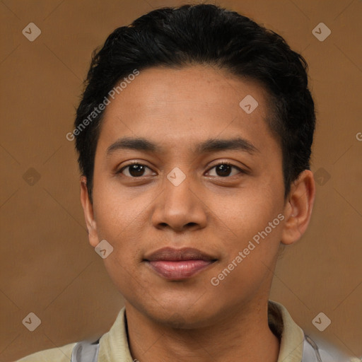 Joyful latino young-adult male with short  black hair and brown eyes