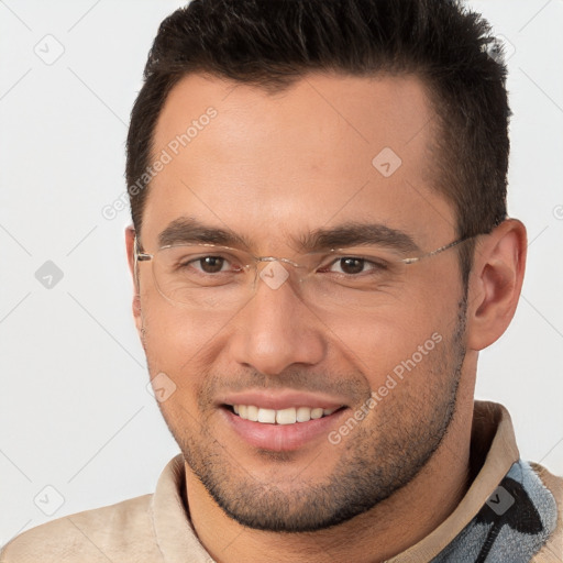 Joyful white young-adult male with short  brown hair and brown eyes