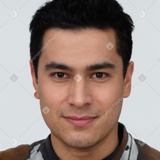 Neutral latino young-adult male with short  brown hair and brown eyes