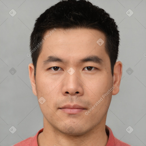 Neutral asian young-adult male with short  black hair and brown eyes