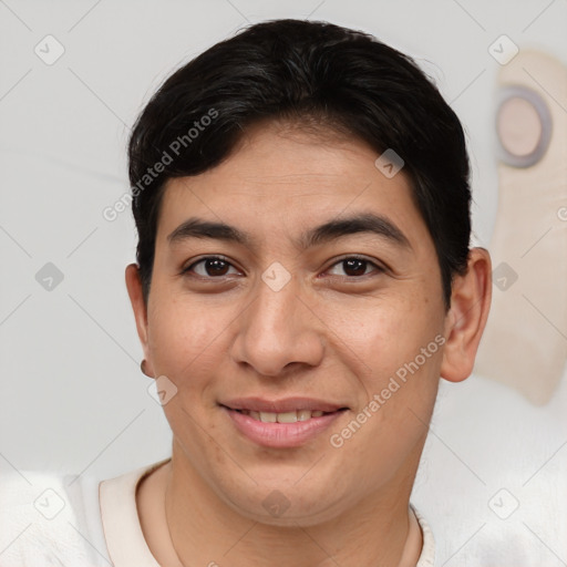 Joyful asian young-adult female with short  brown hair and brown eyes