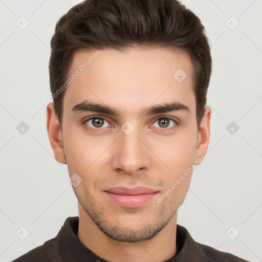 Neutral white young-adult male with short  brown hair and brown eyes