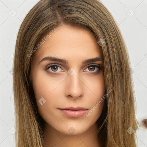 Neutral white young-adult female with long  brown hair and brown eyes