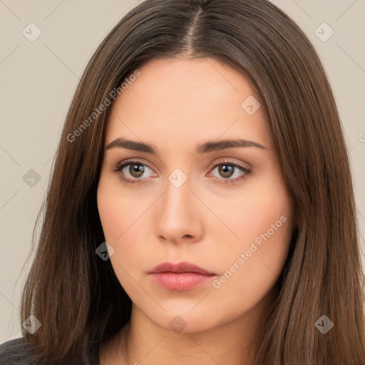 Neutral white young-adult female with long  brown hair and brown eyes