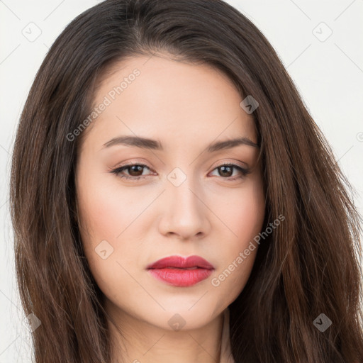 Neutral white young-adult female with long  brown hair and brown eyes