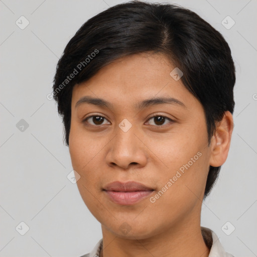 Joyful asian young-adult female with short  brown hair and brown eyes