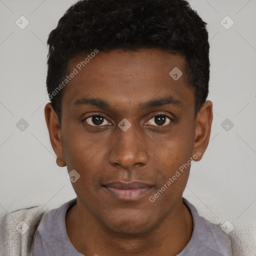 Neutral black young-adult male with short  black hair and brown eyes