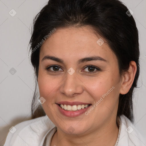 Joyful white young-adult female with medium  brown hair and brown eyes