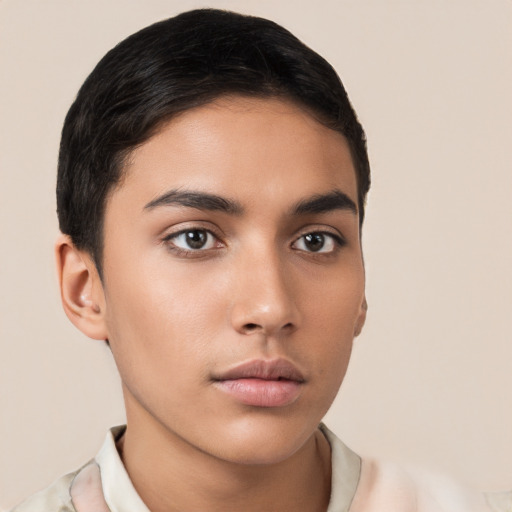 Neutral latino young-adult male with short  brown hair and brown eyes