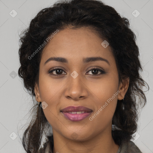 Joyful latino young-adult female with long  brown hair and brown eyes