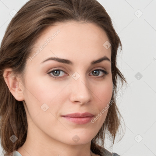 Neutral white young-adult female with medium  brown hair and grey eyes