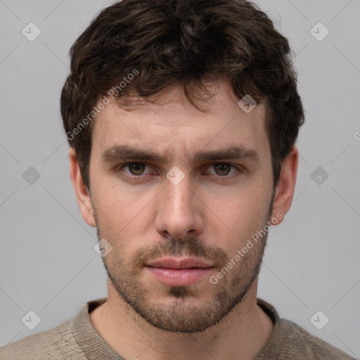 Neutral white young-adult male with short  brown hair and grey eyes