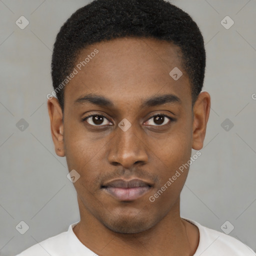 Neutral black young-adult male with short  black hair and brown eyes