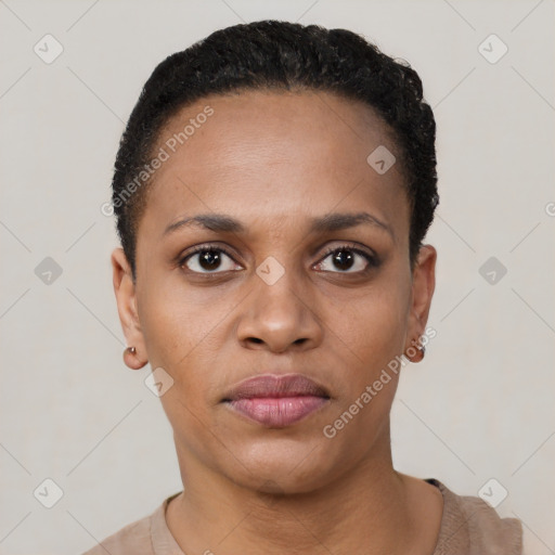 Neutral black young-adult female with short  black hair and brown eyes