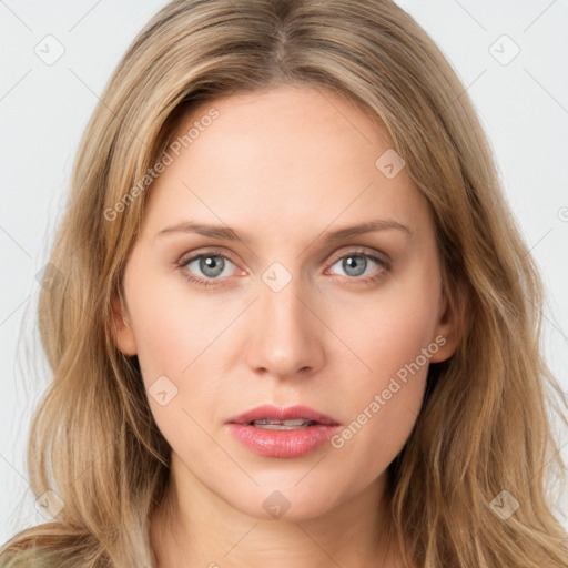 Neutral white young-adult female with long  brown hair and blue eyes