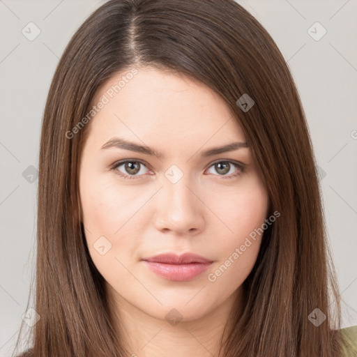 Neutral white young-adult female with long  brown hair and brown eyes