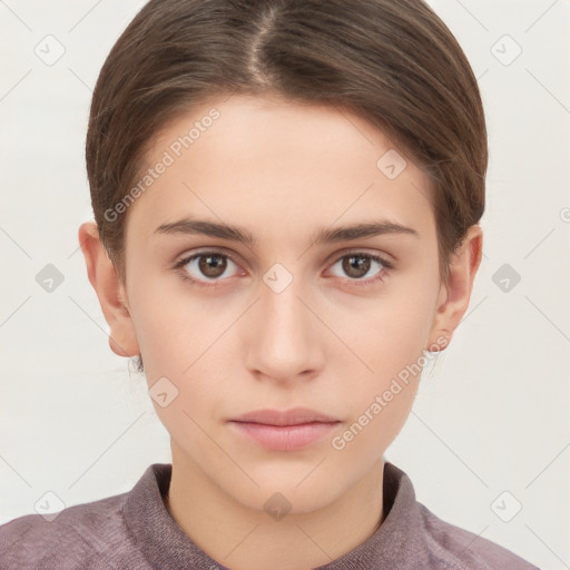 Neutral white young-adult female with short  brown hair and brown eyes