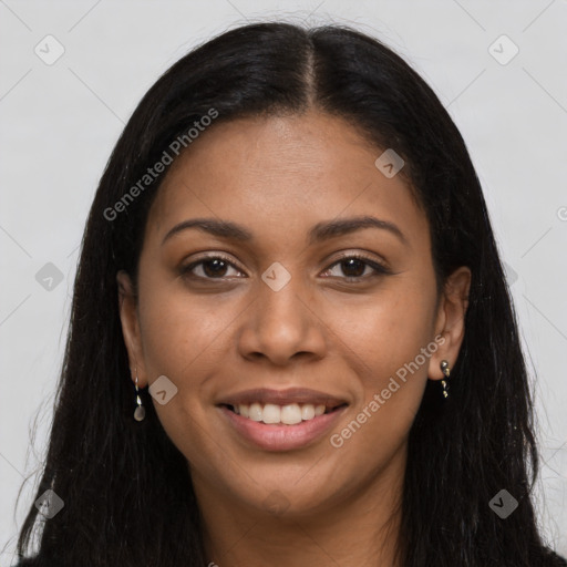 Joyful latino young-adult female with long  brown hair and brown eyes