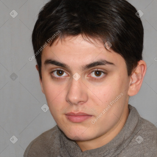 Neutral white young-adult male with short  brown hair and brown eyes