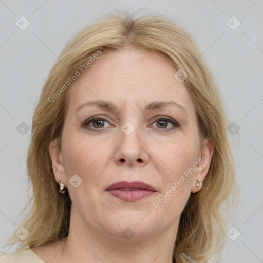 Joyful white adult female with medium  brown hair and grey eyes