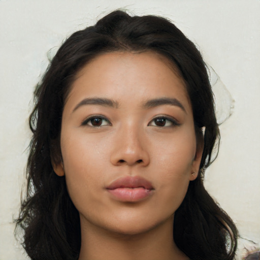 Neutral asian young-adult female with long  black hair and brown eyes