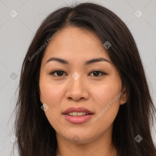 Joyful white young-adult female with long  brown hair and brown eyes