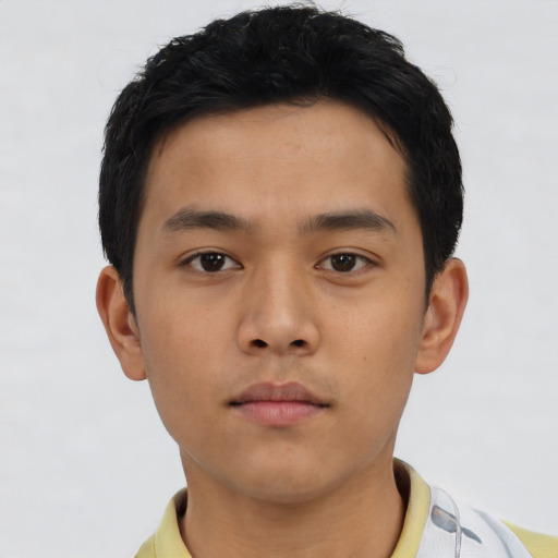 Neutral asian young-adult male with short  brown hair and brown eyes