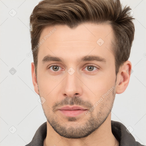 Neutral white young-adult male with short  brown hair and brown eyes